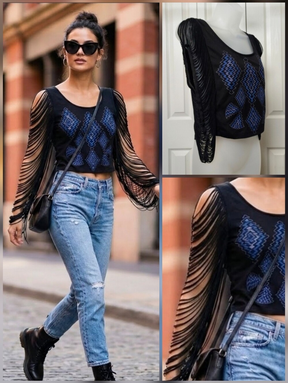 ❤️Black Poppy top with side fringe black & blue print sleeveless 🤍size XS